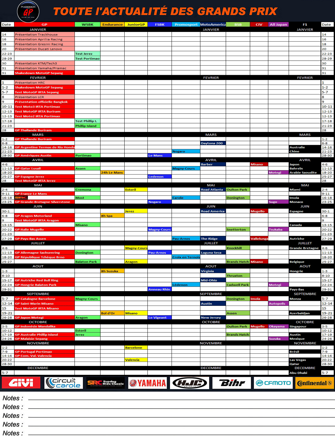 Calendrier 2025 à imprimer : MotoGP WSBK EWC JuniorGP FSBK Promosport MotoAmerica